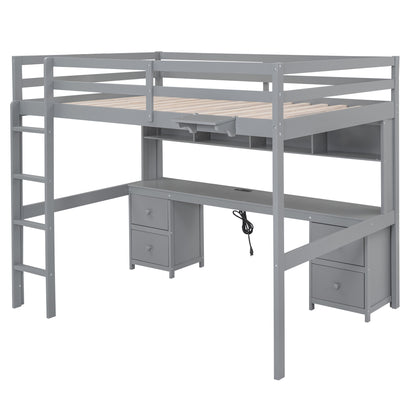 Gray Full Size Loft Bed with Integrated Desk, Storage Solutions, and Charging Station