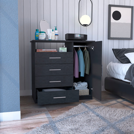 Sleek Black 4 Drawer Dresser with Open Shelf and Cabinet Storage