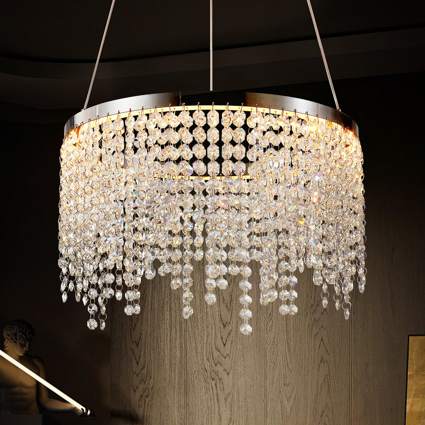 15.7-Inch Crystal Pendant Ceiling Light with Adjustable Height, 16W LED, 110V, Chrome/Transparent