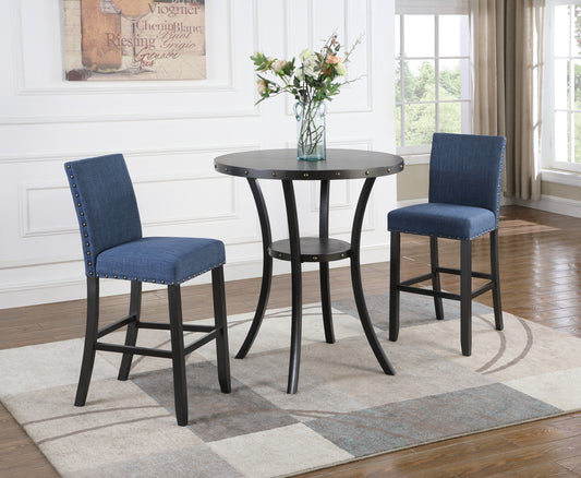 36-Inch Round Bar Table Dining Set with 2 Pub Chairs, Nailhead Blue Fabric, Wood Top Espresso Finish