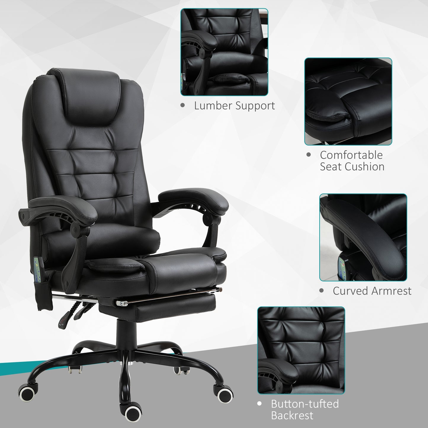 Vinsetto Ergonomic Massage Executive Chair with Adjustable Recline, Lumbar Support, and Footrest - Black Faux Leather