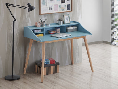 Roskilde Retro-Style Blue Writing Desk with Hutch and Open Shelves