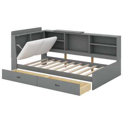 Gray Wood Twin Platform Bed with Storage Headboard, Shelves, and Dual Drawers