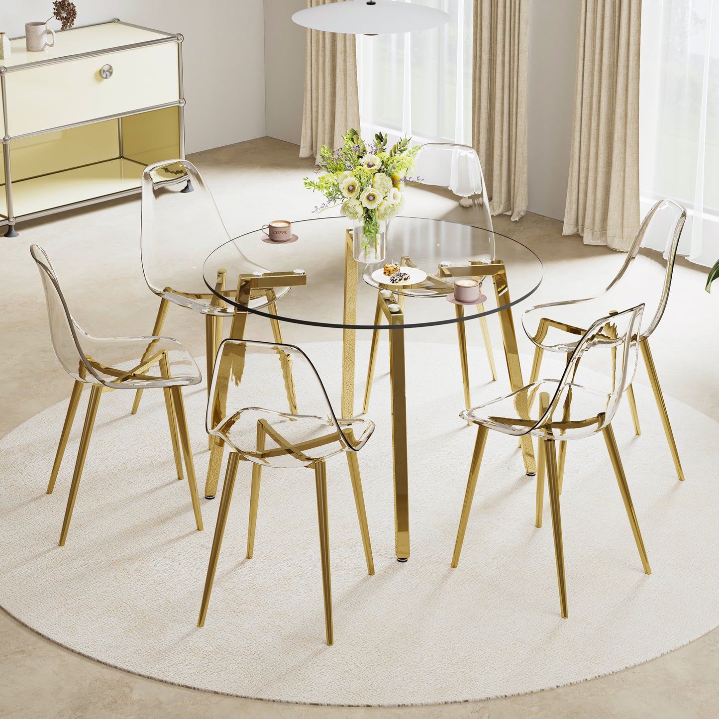 Modern minimalist style circular transparent tempered glass table, tempered glass tabletop, golden metal legs, suitable for kitchen, dining room, and living room, 42 "* 42" * 29.5 "1123r