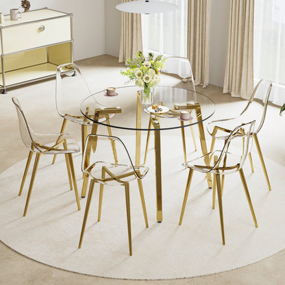 Modern minimalist style circular transparent tempered glass table, tempered glass tabletop, golden metal legs, suitable for kitchen, dining room, and living room, 42 "* 42" * 29.5 "1123r