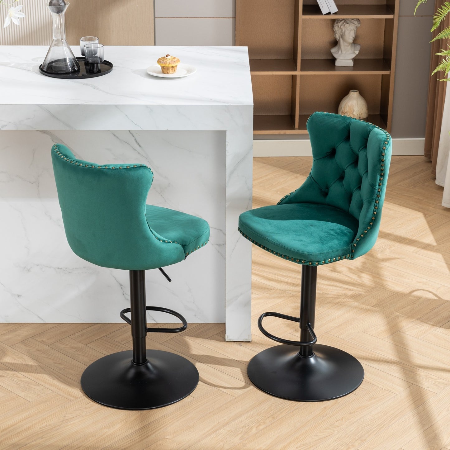 Set of 2 Adjustable Swivel Bar Stools with Tufted Velvet Upholstery and Foam Seat for Kitchen, Green