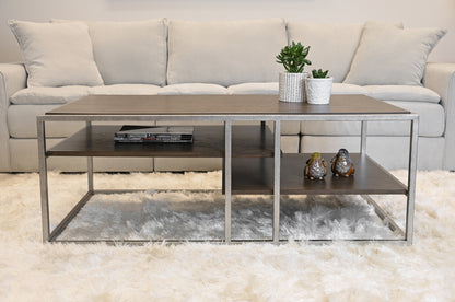 Coffee Table with Metal Frame, 50W x 26D x 18H, Poplar Wood and Acacia Veneer, Two Fixed Shelves, Brown