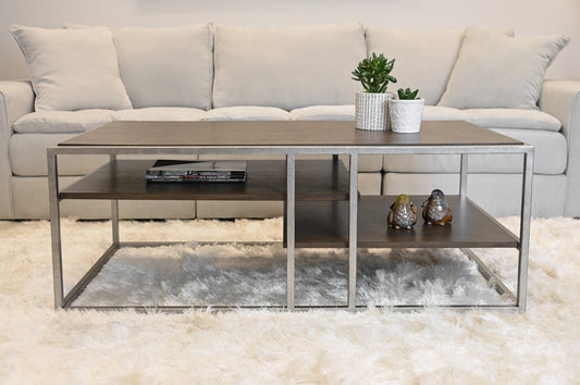 Coffee Table with Metal Frame, 50W x 26D x 18H, Poplar Wood and Acacia Veneer, Two Fixed Shelves, Brown