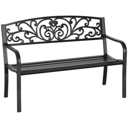 Outdoor Metal Garden Bench With Floral Pattern Backrest, 50 Inch Slatted Seat, Park Yard Porch Seating, Black