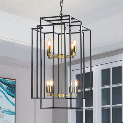 8-Light Lantern Pendant Industrial Farmhouse Chandelier Kitchen Island 60in Adjustable Boom Black & Gold