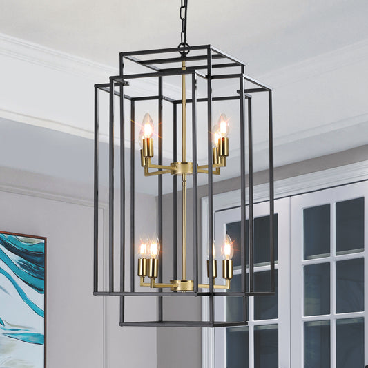 8-Light Lantern Pendant Industrial Farmhouse Chandelier Kitchen Island 60in Adjustable Boom Black & Gold