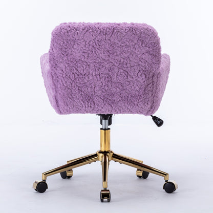 Violet Velvet Office Chair with Golden Base, Adjustable Swivel Design, Plush Artificial Alpaca Wool Upholstery, Ideal for Home and Vanity Use