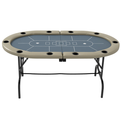70-Inch Folding Oval Poker Table for 10 with Cup Holders, Felt Surface, Portable Padded, Blue and Brown