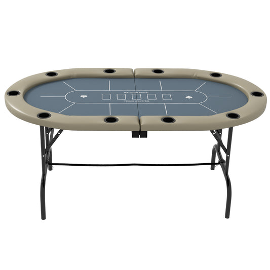 70-Inch Folding Oval Poker Table for 10 with Cup Holders, Felt Surface, Portable Padded, Blue and Brown