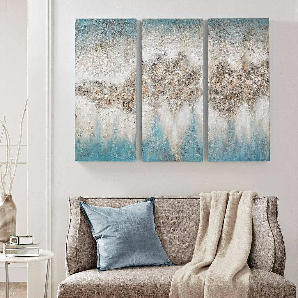 Three-Piece Canvas Wall Art Set with Heavy Embellishments on MDF Backing for Living Room Decor Blue