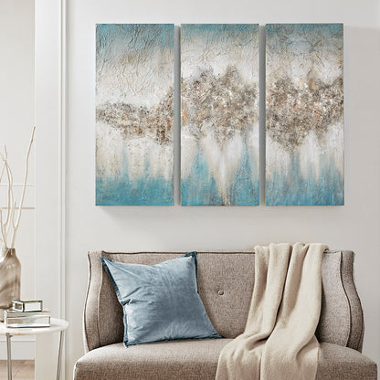 Three-Piece Canvas Wall Art Set with Heavy Embellishments on MDF Backing for Living Room Decor Blue