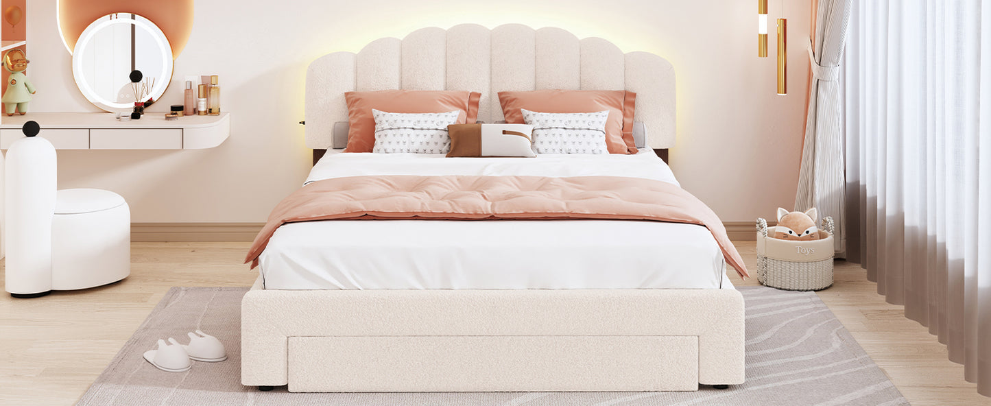 Beige Teddy Fleece Queen Upholstered Platform Bed with Storage Drawer
