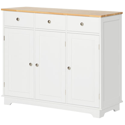 HOMCOM Sideboard with Solid Wood Countertop, Modern Kitchen Storage Cabinet, Coffee Bar Cabinet with 3 Drawers, Doors and Adjustable Shelf, White