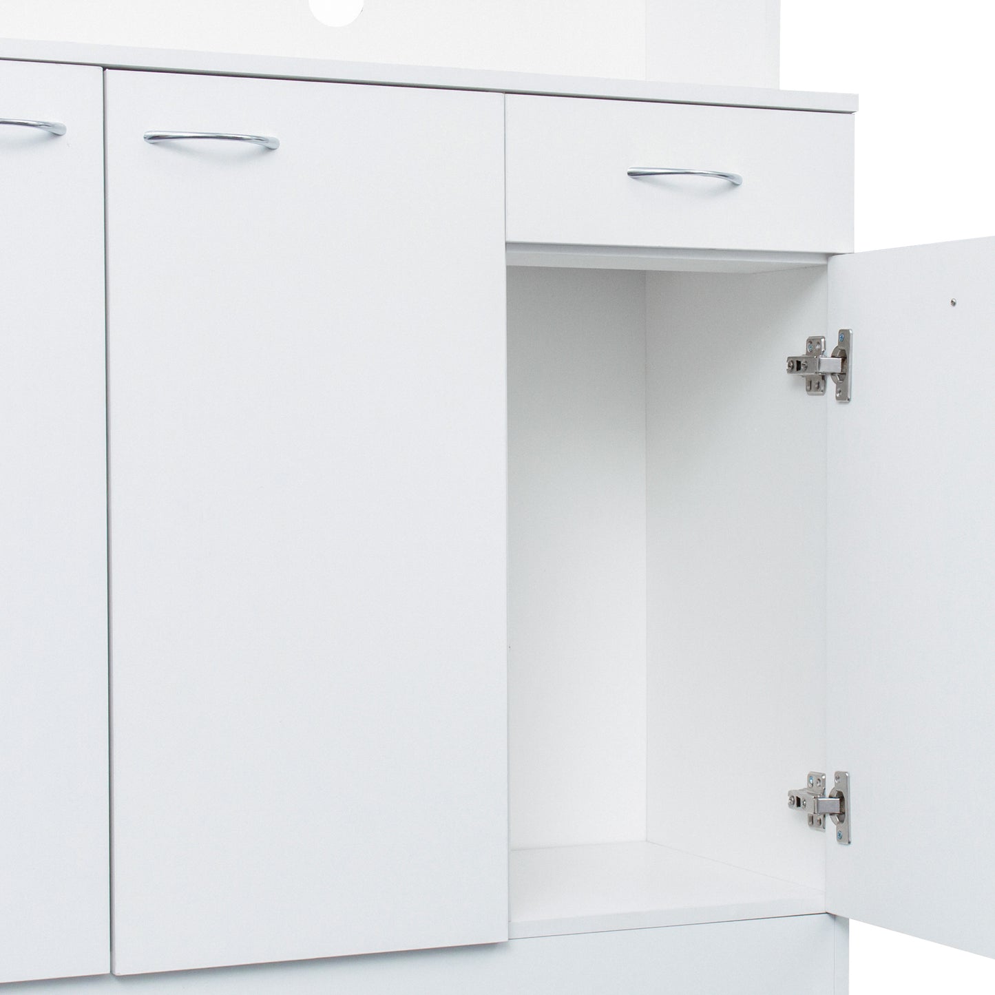 Elegant 70.87" Tall White Wardrobe & Kitchen Cabinet with 6 Doors, 1 Drawer, and Open Shelves for Stylish Storage