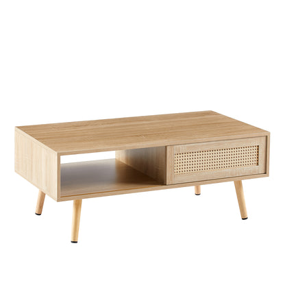 Coffee Table with Sliding Rattan Door, MDF Body, Solid Wood Legs, 41.34 in L, Living Room Storage Natural