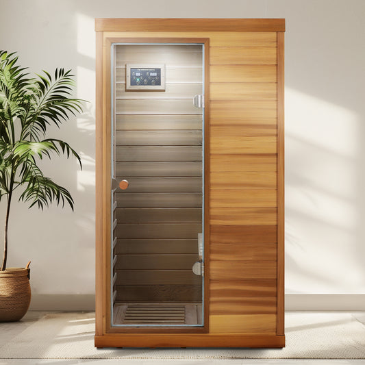 1-Person Indoor Far Infrared Sauna with Left Glass Door, 36x28x62 in, LCD, Bluetooth, 1050W Red Cedar