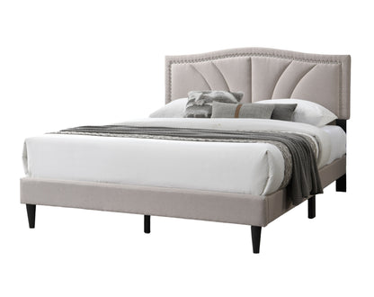 Chic Vintage Queen Bed with Light Brown Burlap Fabric and Nailhead Trim Headboard