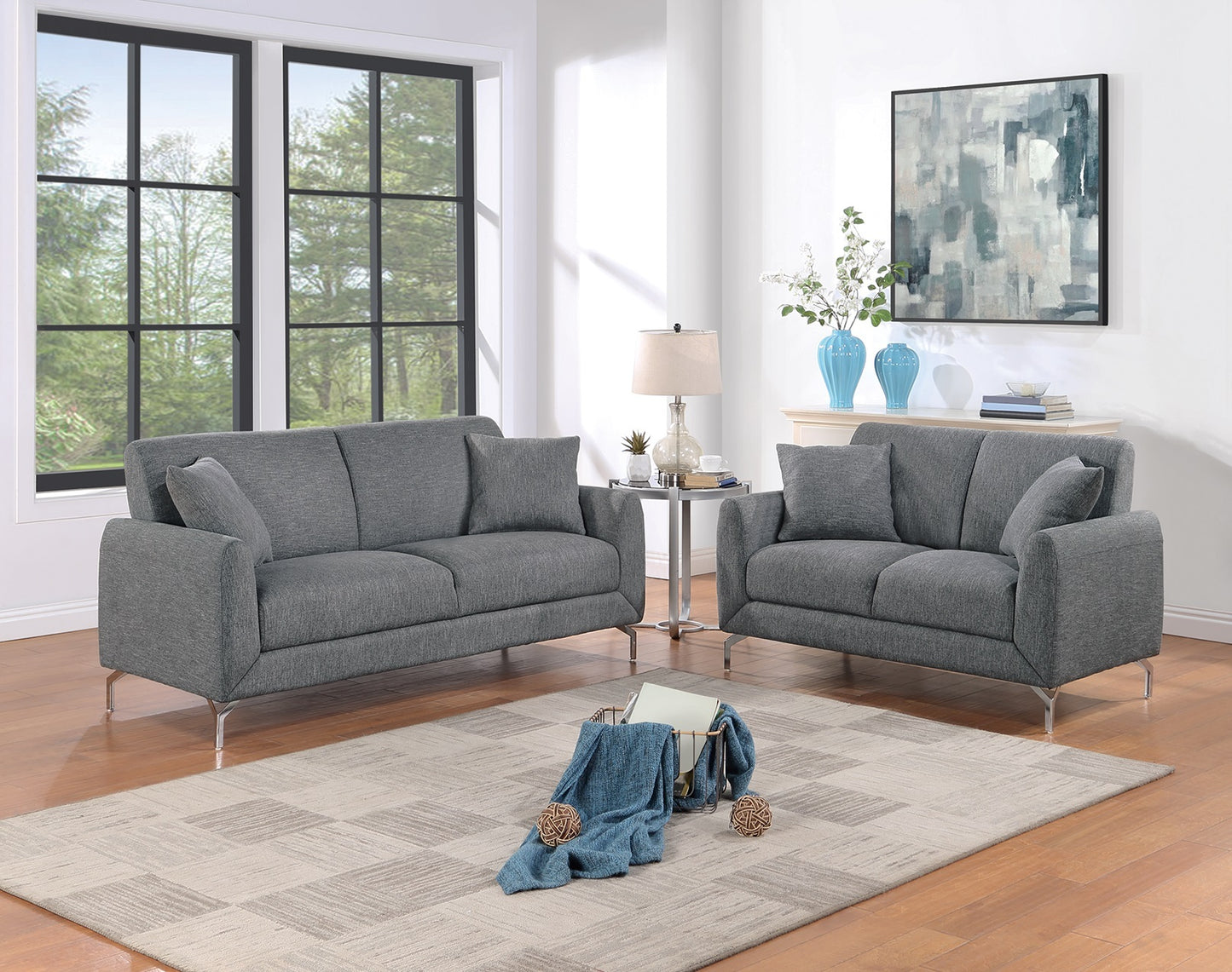 2-Piece Sofa Set with Loveseat, Burlap-Like Fabric, Tight Back, Chrome Legs, Includes Pillows, Gray