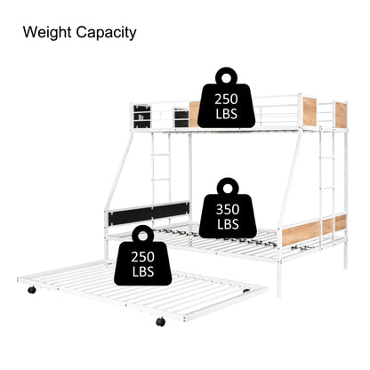 Sturdy Metal Twin Over Full Bunk Bed with Trundle and Safety Guardrails - Space-Saving Design with Noise Reduction and Wooden Accents