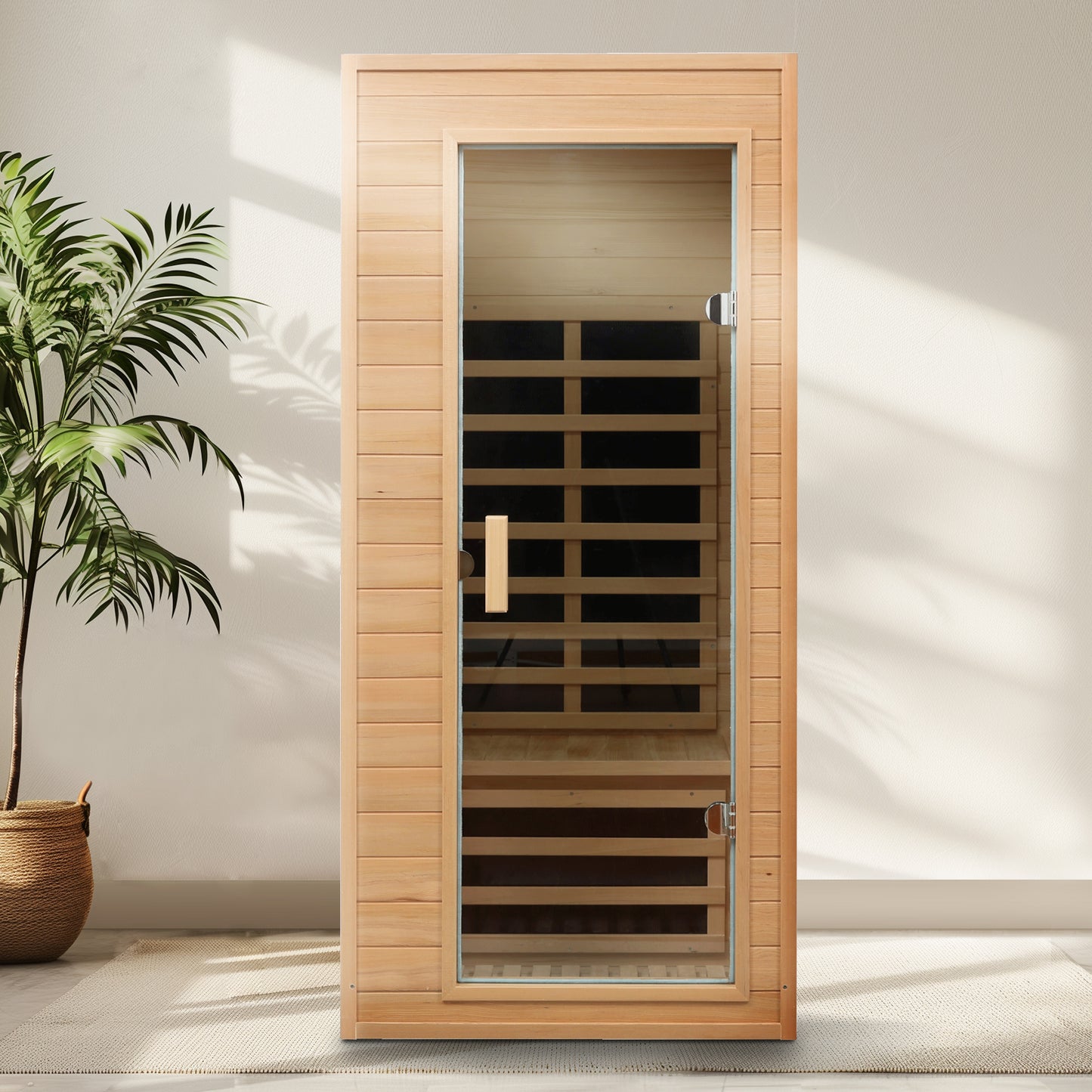 One-Person Far Infrared Indoor Sauna Room, 1290W, 5 Heaters, Hemlock Wood, Bluetooth, Natural