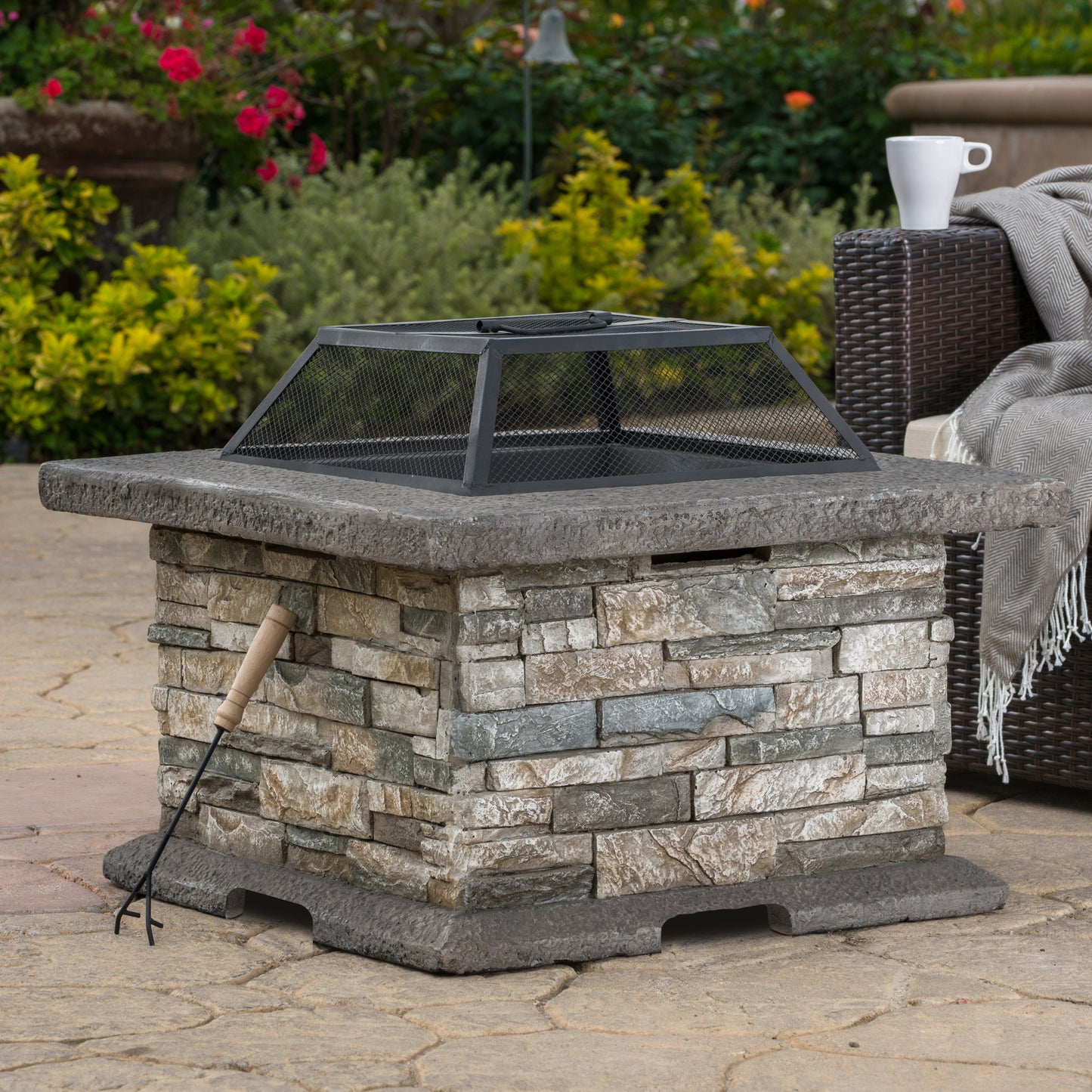 29 Inch Square Outdoor Fire Pit Made From Magnesium Oxide MGO Weather Resistant Patio Fire Pit Stone Gray