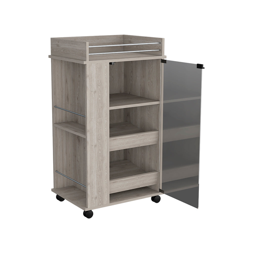 Light Gray Bar Cart With Glass Door And Dual Shelves