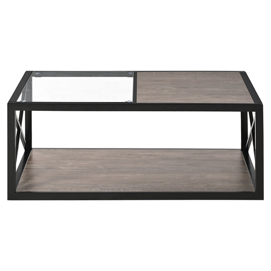 Industrial-Style Coffee Table with Tempered Glass and Rustic Wood MDF, X-Frame, Wood Grain Finish
