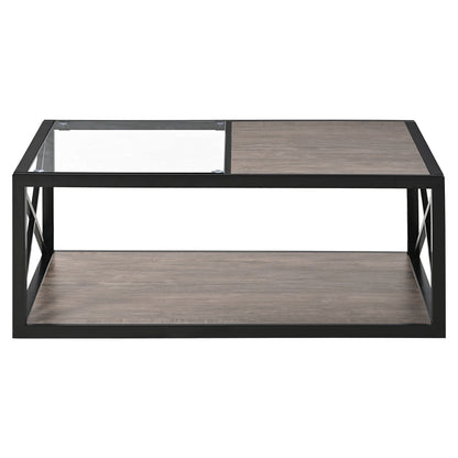 Coffee Table with Tempered Glass & Wood Top, Metal X-Frame, Living Room Rustic Wood Finish