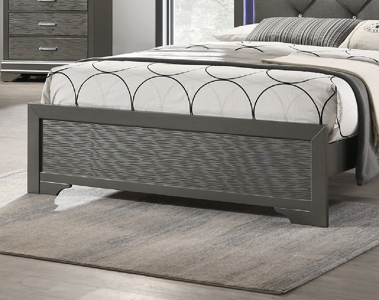 Elegant Dark Gray Faux Leather Queen Bed with Tufted Headboard and LED Lighting