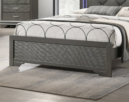 Elegant Dark Gray Faux Leather Queen Bed with Tufted Headboard and LED Lighting