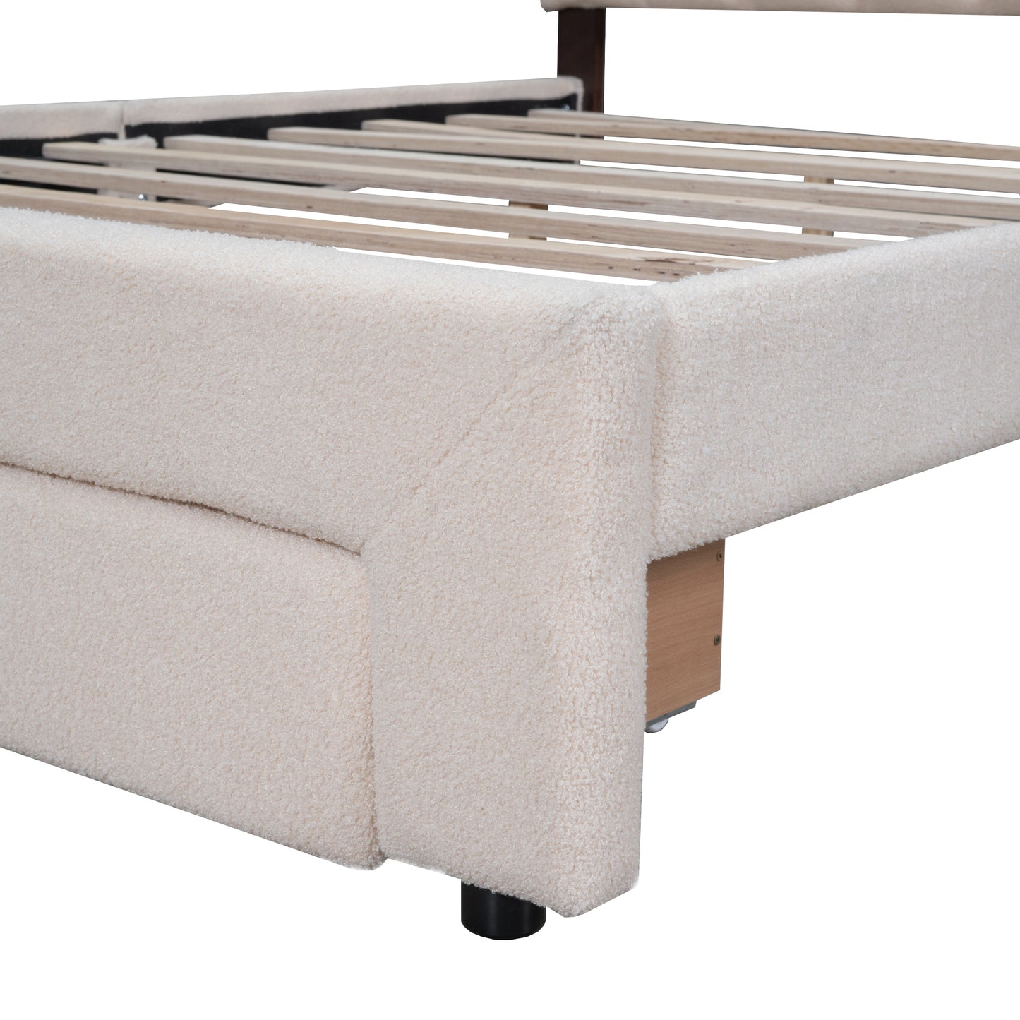 Beige Teddy Fleece Queen Upholstered Platform Bed with Storage Drawer