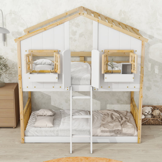Twin House Bunk Bed for Kids with Roof, Windows, and Safety Features - Natural/White Finish
