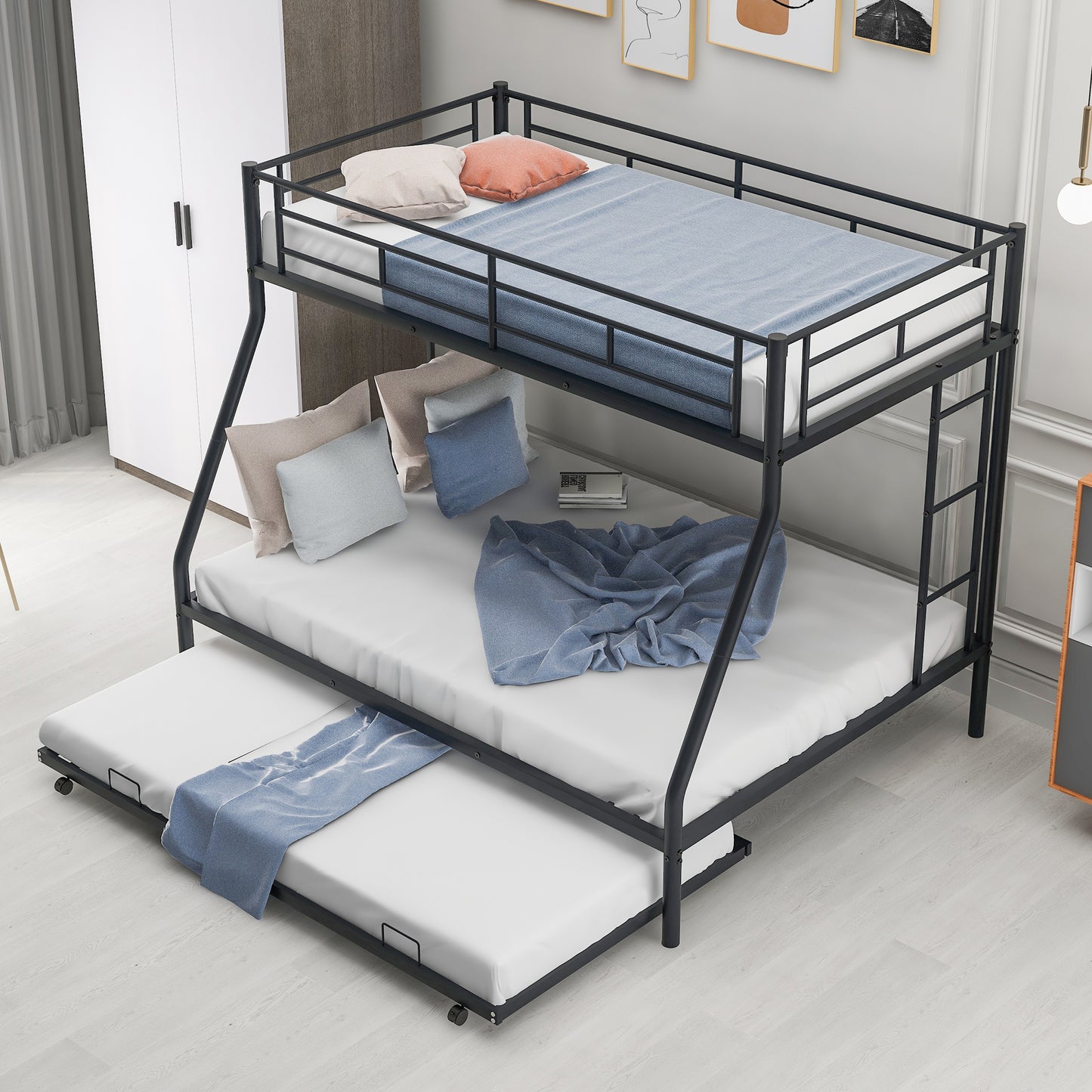 Stylish Twin over Full Bunk Bed with Twin Trundle and Dual Ladders - Sturdy Steel Frame in Black