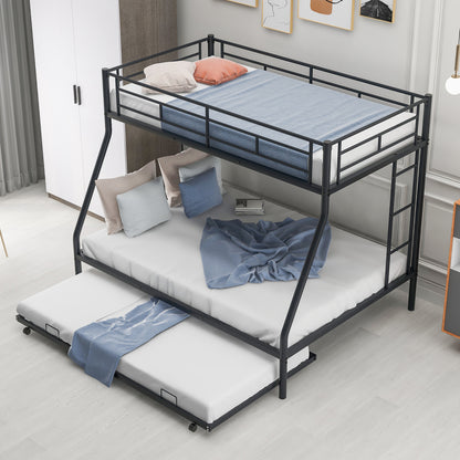 Stylish Twin over Full Bunk Bed with Twin Trundle and Dual Ladders - Sturdy Steel Frame in Black