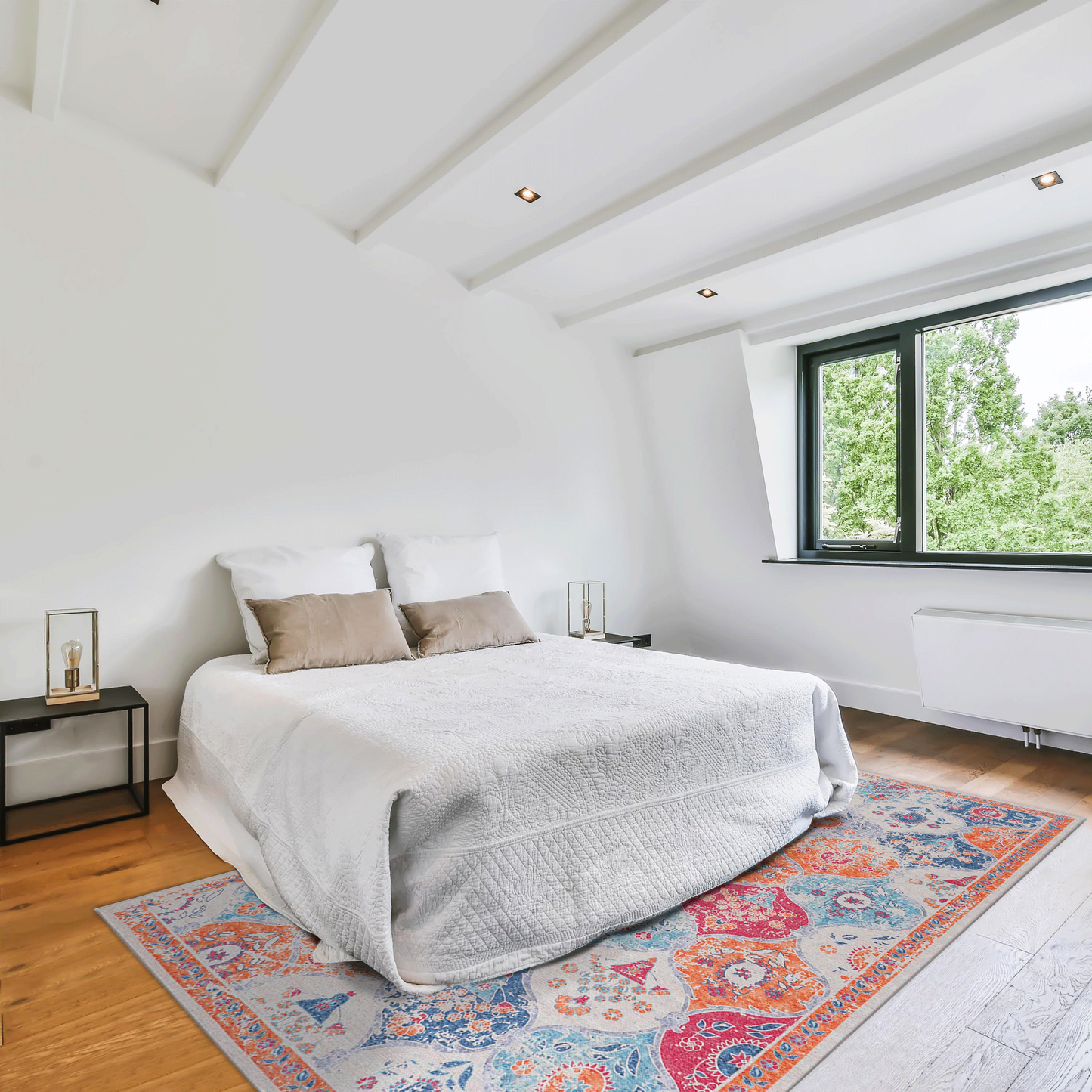 Machine-Washable 5x8 Area Rug, Low-Pile, Non-Slip Backing, Foldable, Kid & Pet Friendly Living Room-Cream