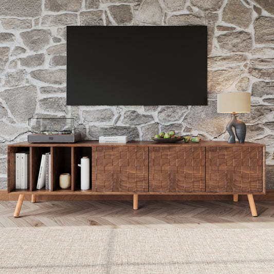 Mid-Century Modern TV Stand for 70–80 Inch TVs, 70.8in Console with 3 Doors, Solid Wood Legs, Walnut