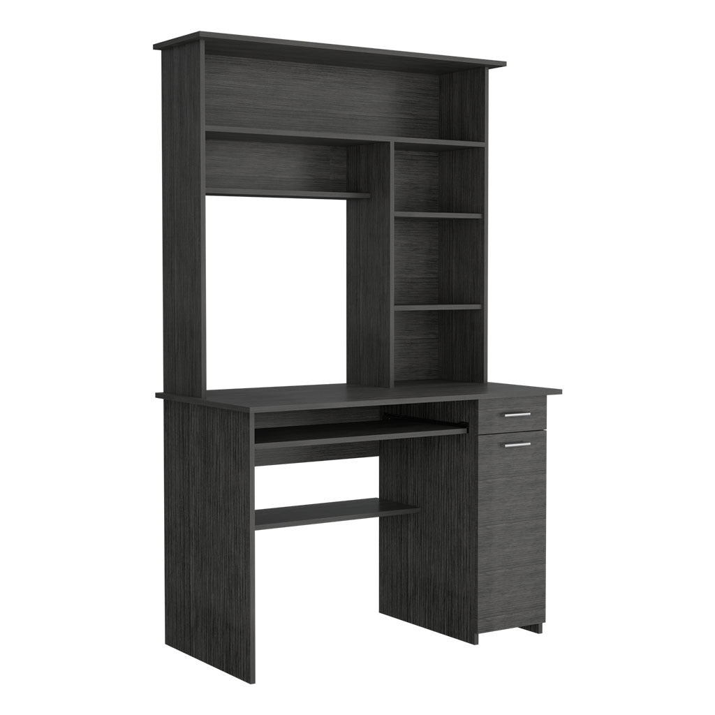 Smokey Oak Compu Hutch Desk with Keyboard Tray, CPU Door Panel, Shelves, and Drawer