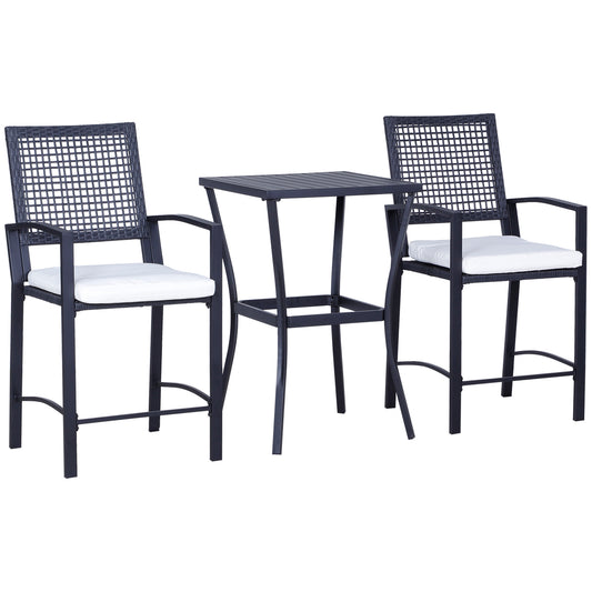 Three Piece Patio Bar Set With Soft Cushions, Steel Frame, Wicker Look For Backyard, Poolside Black