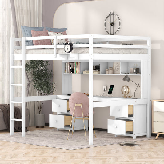 White Full Size Loft Bed with Integrated Desk, Storage Drawers, Bedside Tray, and Charging Station