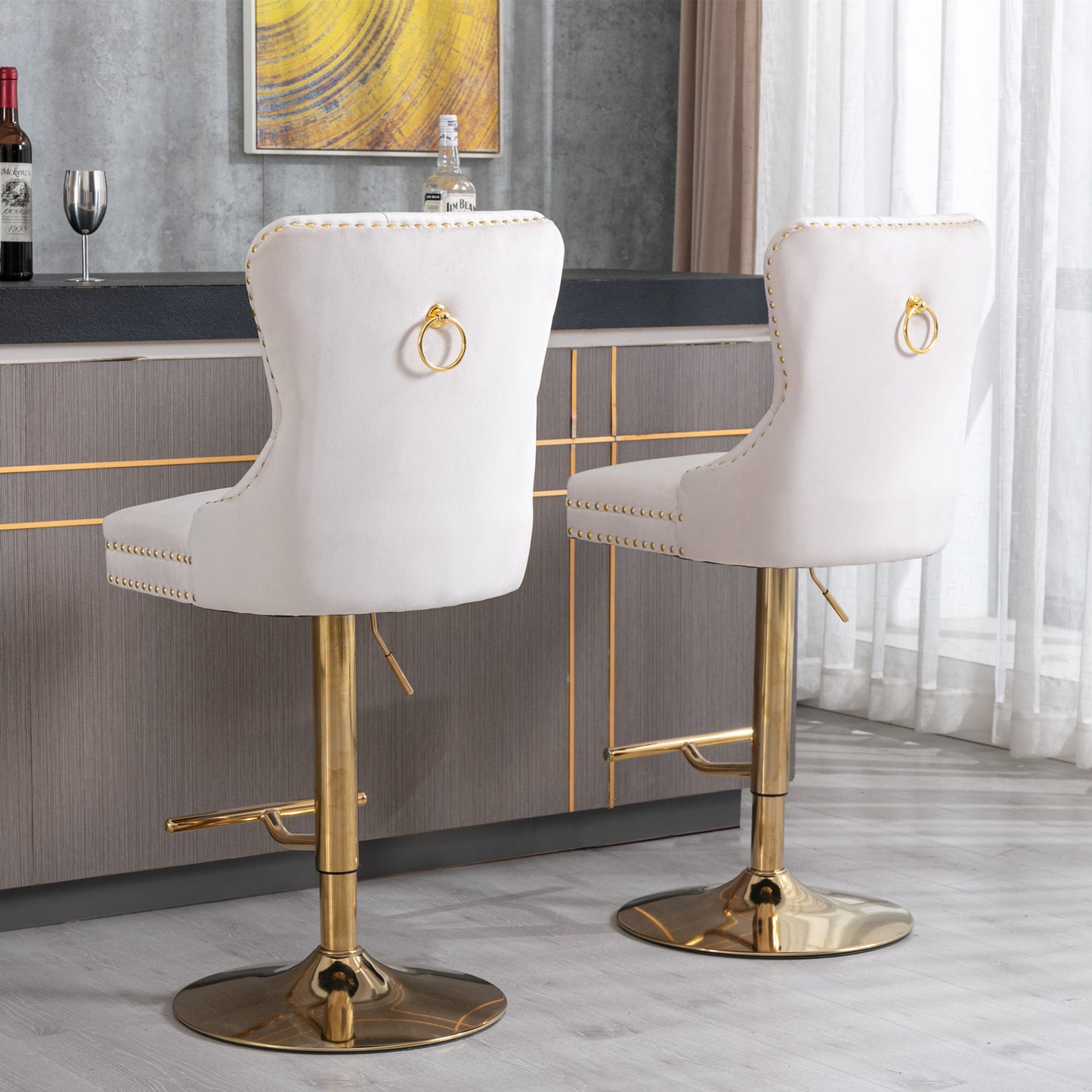 Beige Velvet Swivel Bar Stools Set Of 2 Adjustable