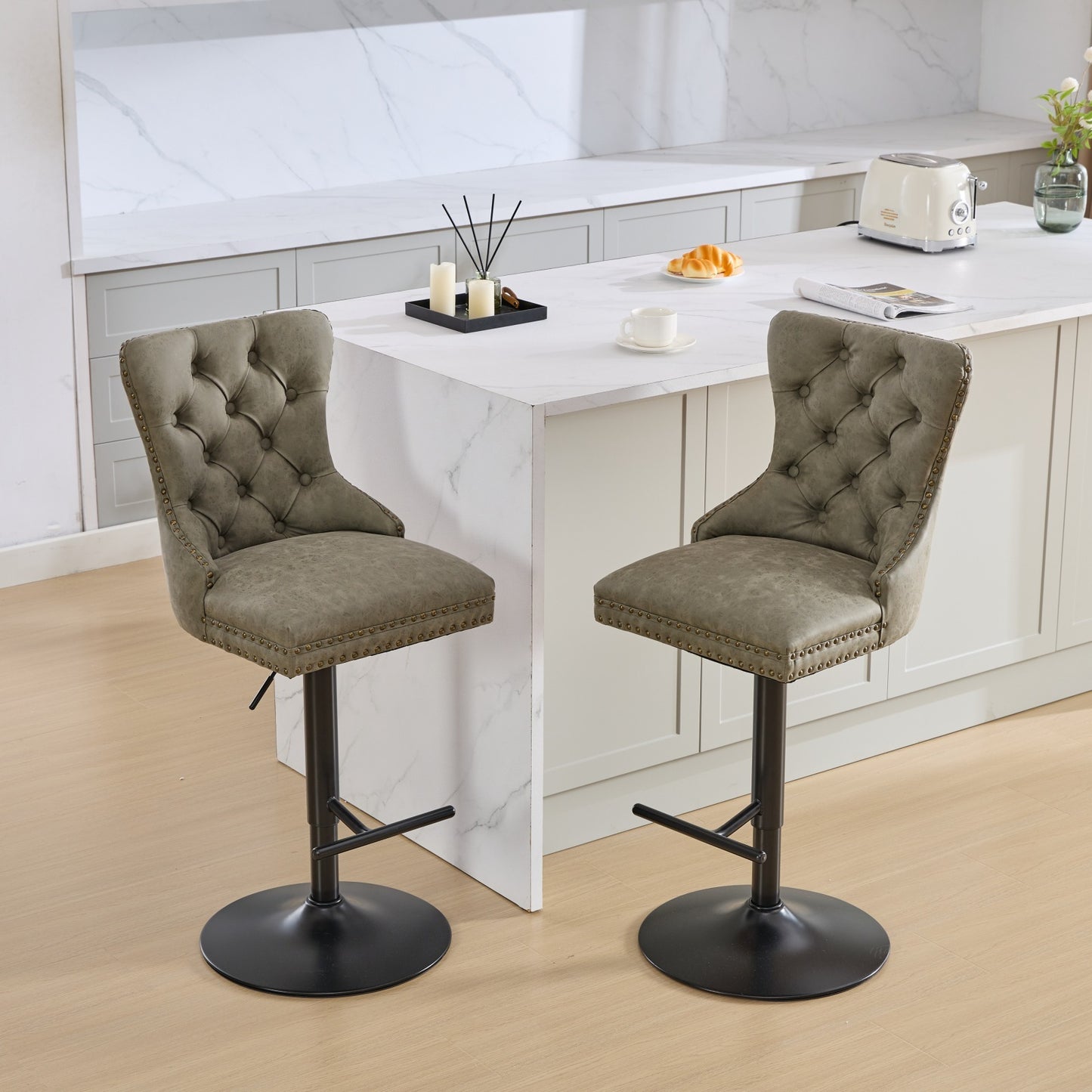Aged Retro PU Swivel Bar Stools Adjustable Olive Green 2 Pack