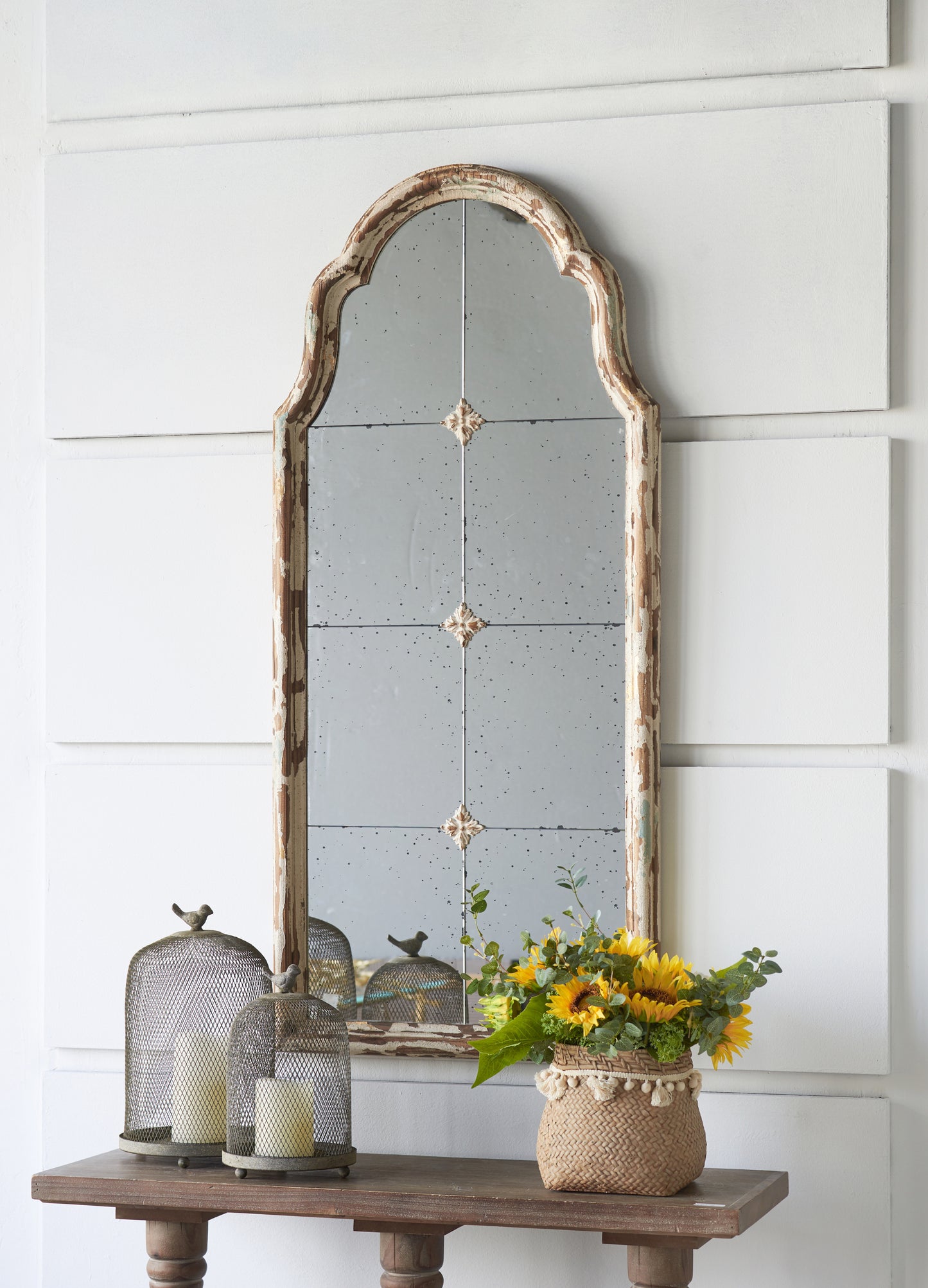 Elegant 22" x 48" Cream & Gold Arched Wall Mirror with Decorative Grid, Perfect for Living Room, Bathroom, or Entryway