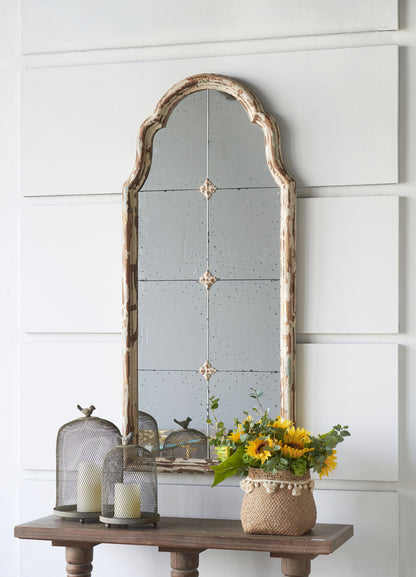 Elegant 22" x 48" Cream & Gold Arched Wall Mirror with Decorative Grid, Perfect for Living Room, Bathroom, or Entryway