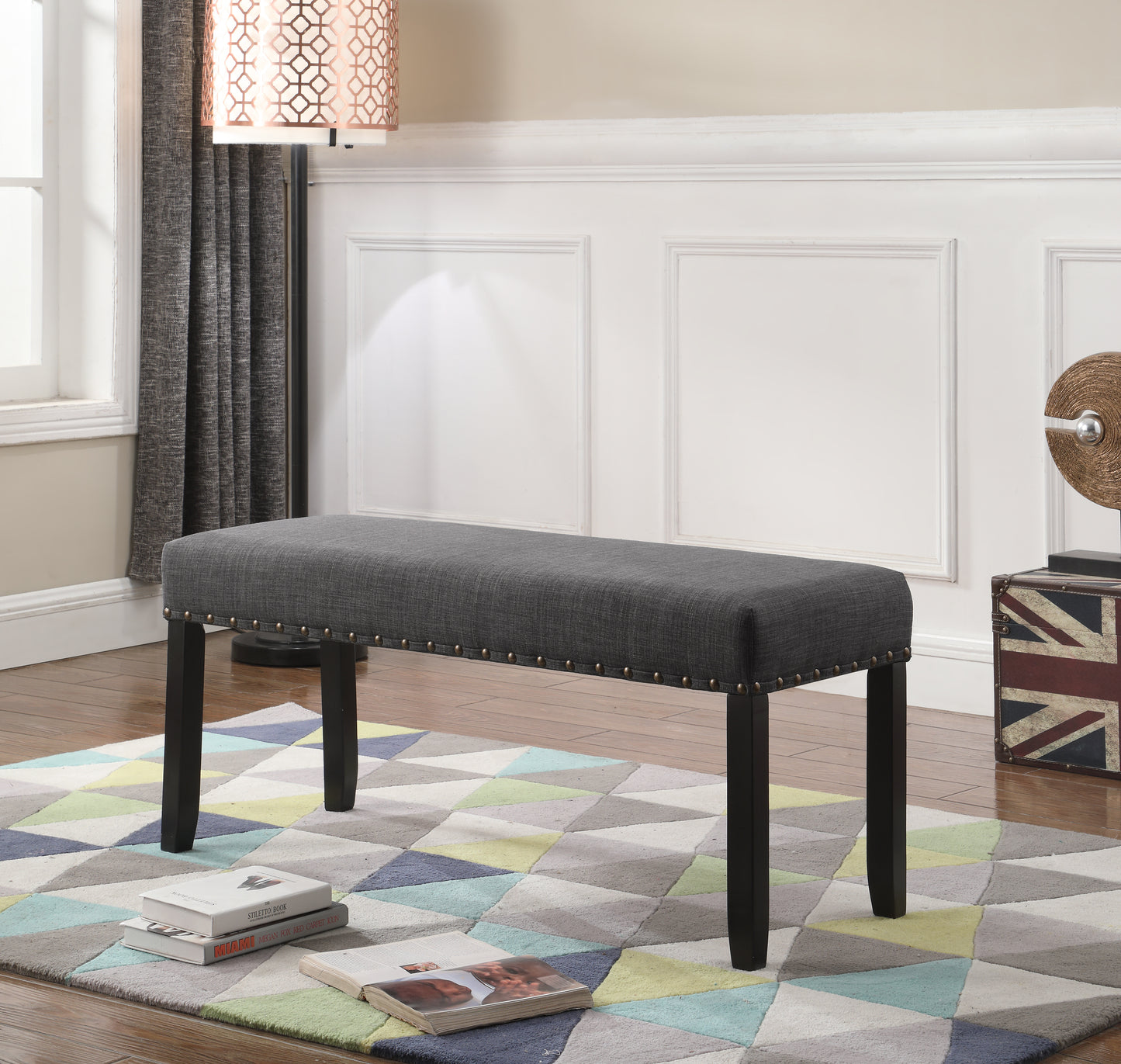 Fabric Dining Bench with Nailhead Trim, 44W x 16.5D x 19H, Linen-Cotton Upholstery, Hardwood Legs, Grey