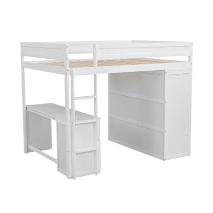 Space-Saving White Wood Loft Bed with Integrated Wardrobes and 2-Drawer Desk